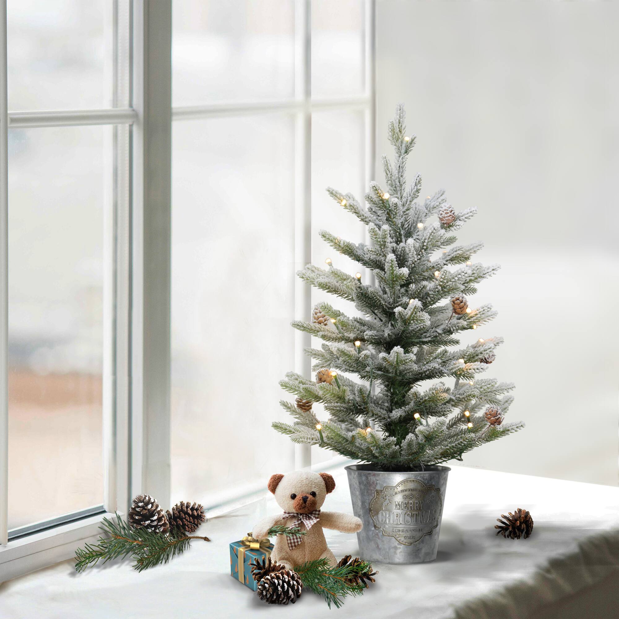 6 Pack: 2ft. Pre-Lit Flocked Artificial Christmas Tree in Metal Pot